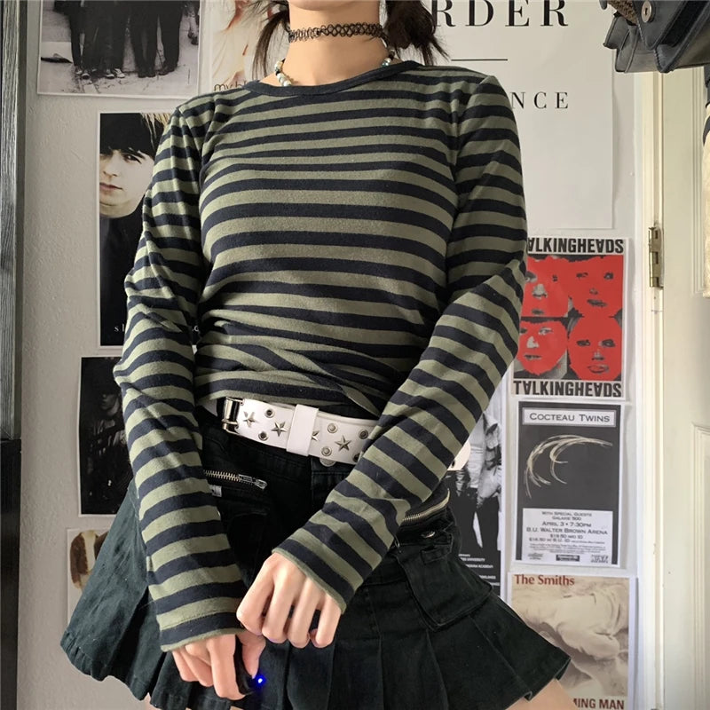 Hnewly y2k Women T Shirt Streetwear Striped Long Sleeve T-Shirt Pullover Tops Teen Girl T-Shirt 2000s Aesthetic Gothic Clothes