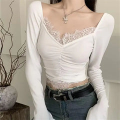 Hnewly FALL OUTFIT Korean Crop Top Autumn Women Aesthetic V-neck Lace Patchwork Solid Color Tops Sexy Skinny Casual Long Sleeve T-shirt