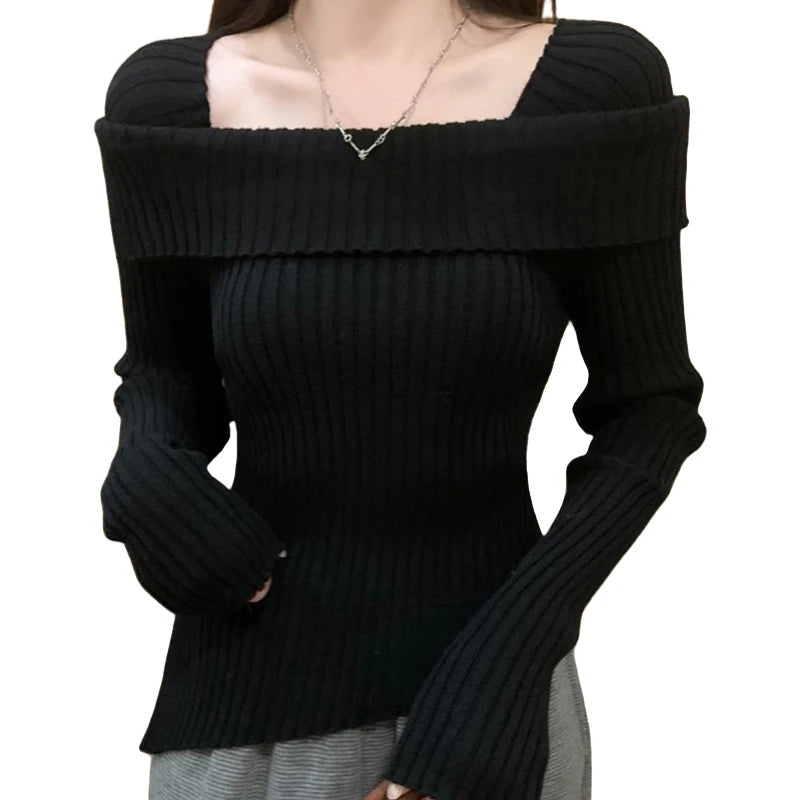 Hnewly Women Knitted Sweater Solid Color Square Collar Long Sleeve Asymmetrical Hem Crop Top y2k Aesthetic Clothing Streetwear