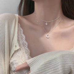 Hnewly Simple Double Layer Star Moon Charm  Multilayered Necklace Delicate Clavicle Chain Zircon For Women Fashion Jewelry