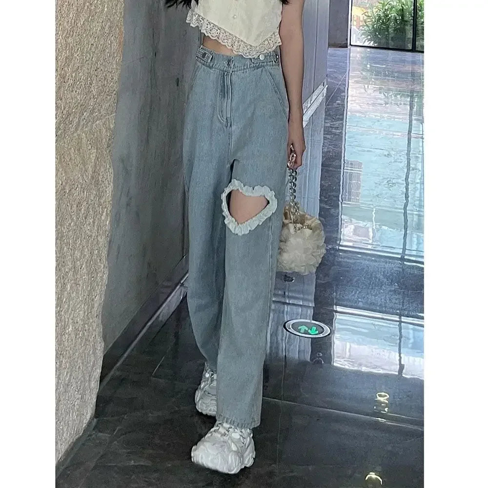 Hnewly Harajuku Cyber Y2k Trousers Sweet Korean Style Kawaii Lace Stitching Jeans Women Love Hole Streetwear High-waist Wide-leg Pants