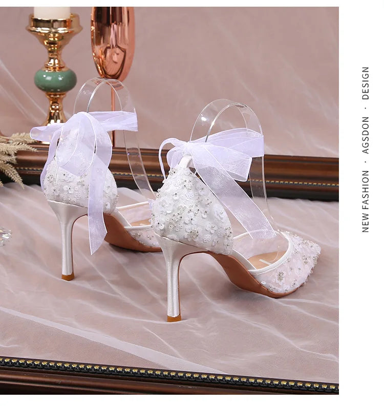 Hnewly Size 33-42 Summer Beaded Women White Wedding Shoes Ankle Strap Pointed High Heel Pumps