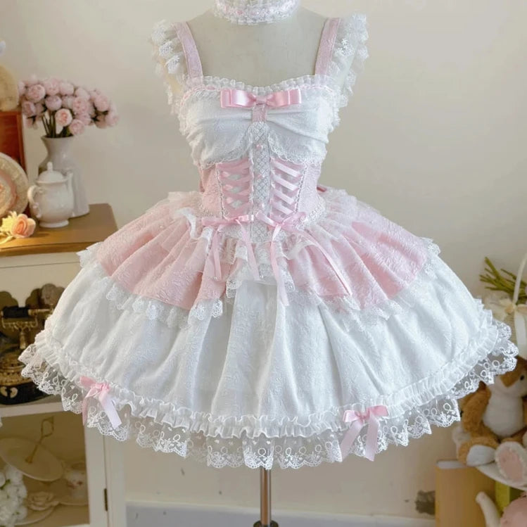 Hnewly Japanese Sweet Lolita Jsk Dress Women Elegant Ruffles Lace Bandage Princess Strap Dresses Girls Y2k Kawaii Tea Party Mini Dress