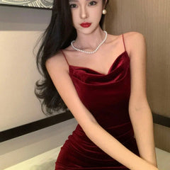 Hnewly DRESS TO IMPRESS Vintage Sexy Club Prom Red Dresses for Women Spaghetti Strap Slit Velvet Dress Beach Bandage Bodycon Midi Dress Party Elegant