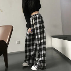 Hnewly Harajuku Black White Plaid Pants Women Oversized Wide Leg Trousers Female Korean Style High Waist Checkered Pants Female