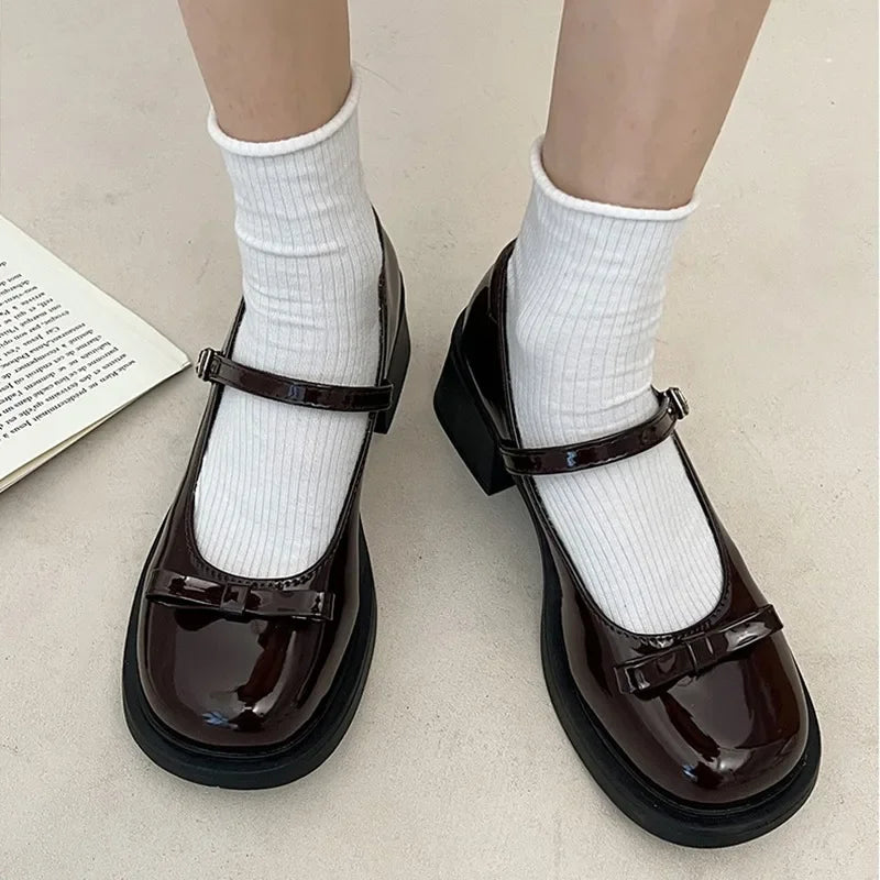 Hnewly Brown Jk Uniform Shoes British Style Retro Japanese Mary Jane Shoes Women's Lolita Bow Sweet Girls Kawaii Mid Heel Cute Laofers