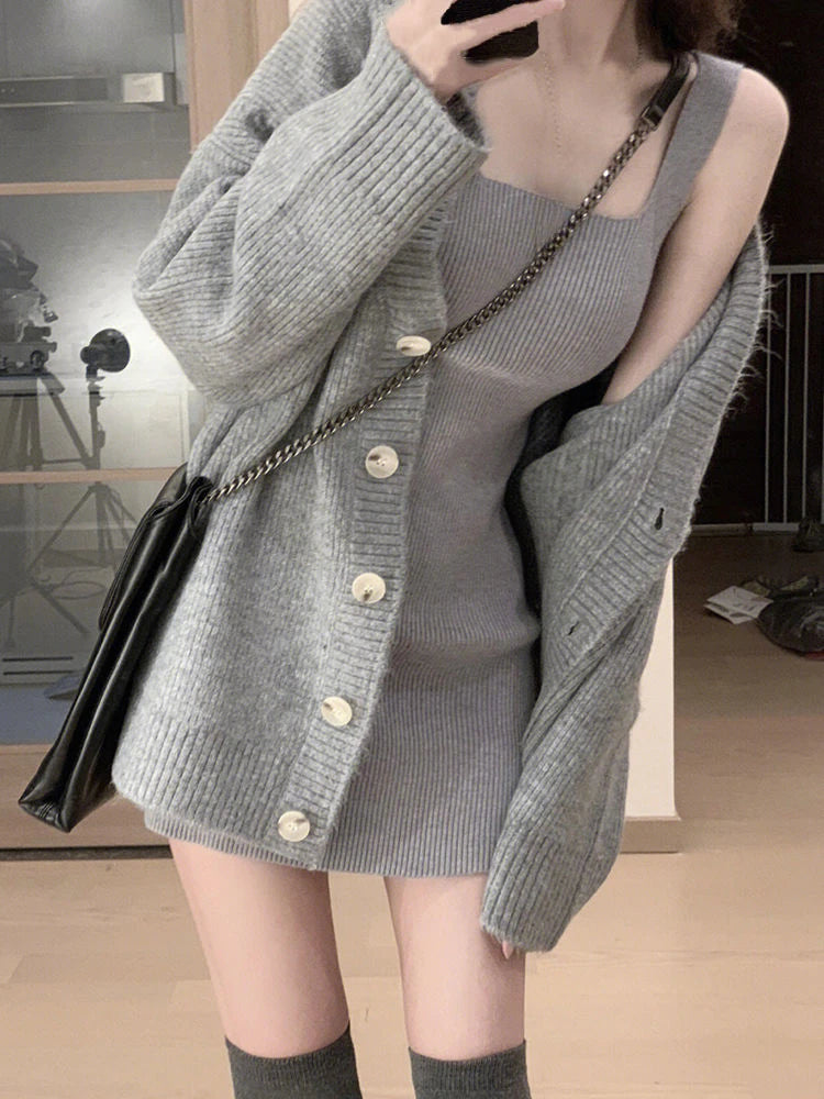 Hnewly Gray 2 Piece Dress Set Women Casual Long Sleeve Cardigan + Bodycon Strap Sweater Dress Evening Party Knitted Suit