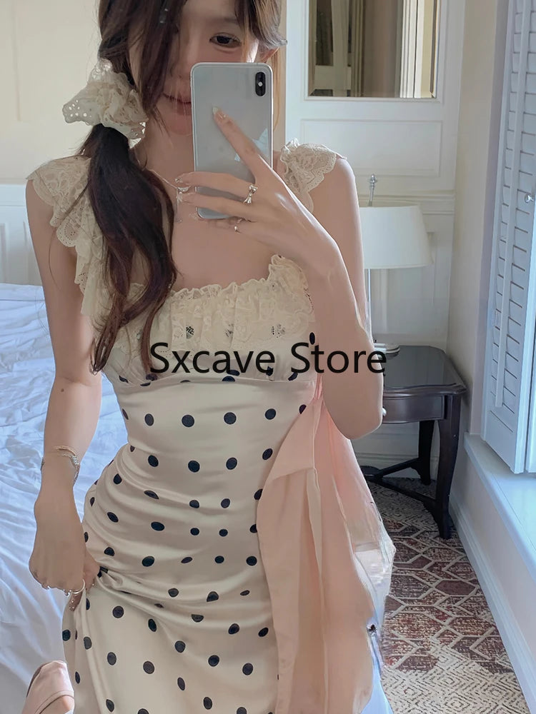 Hnewly Vintage Casual Elegant Midi Dress Women Beach Style Korean Dress Even Party Sleeveless Korean Fashion Clothing Y2k Chic Lace