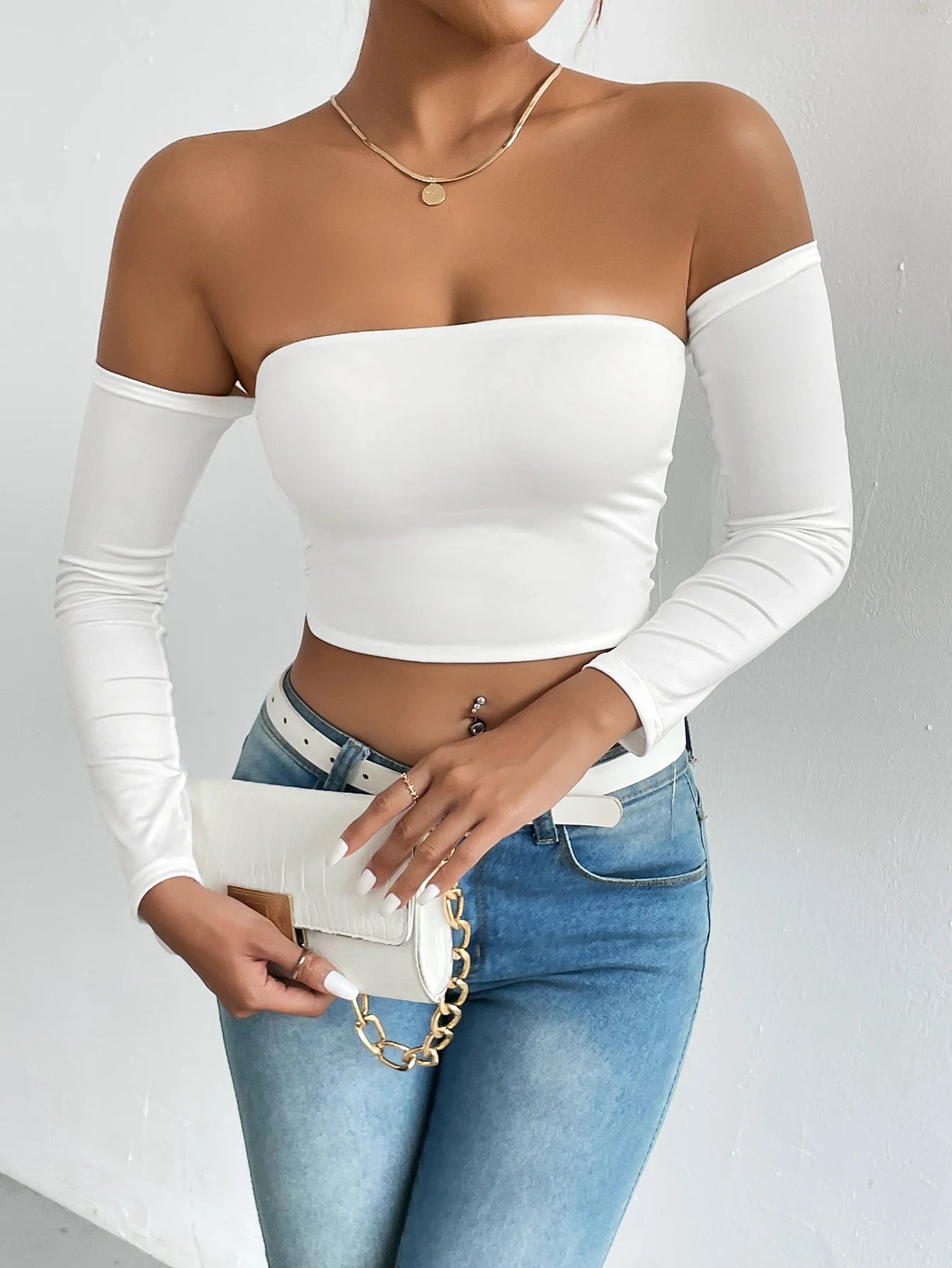 Hnewly Off Shoulder Crop T-Shirt, Casual Long Sleeve Top For Spring & Fall, Women's Clothing