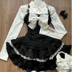 Hnewly Y2k Aesthetic Lolita Style 3 Piece Set Women Kawaii White Shirt Bow Lace Vest Ruffle Mini Skirts Japan Fashion Gothic Skirt Suit