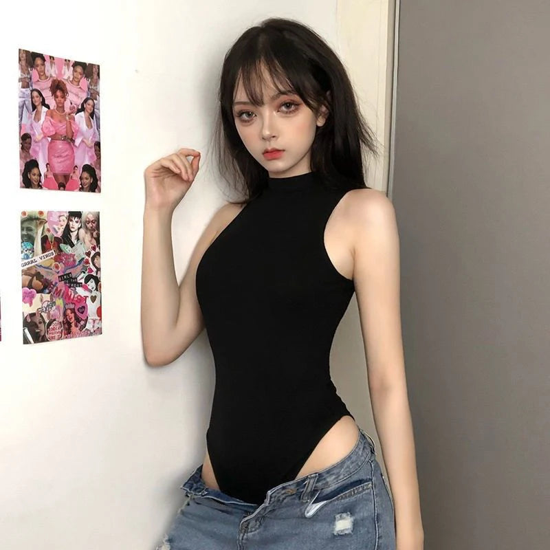 Hnewly Harajuku Black Women T Shirt Y2K Sexy Slim Sleeveless Female Casual Tees Summer Gothic Ladies Bodysuits Clothing Jumpsuit