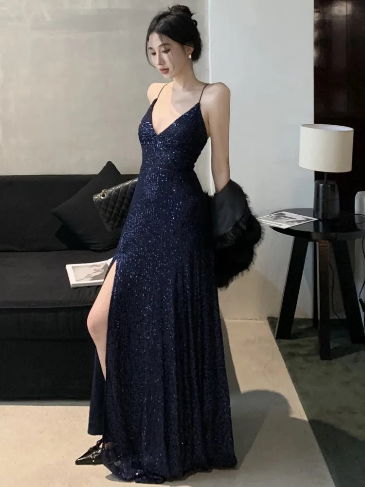 Hnewly Women's Backless V-Neck Split Maxi Dress Sexy Slim Evening Gown Luxury Dresses Fashion Robe Birthday Party Spring Autumn New