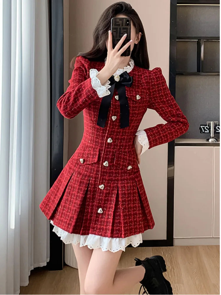 Hnewly French Light Luxury Tweed Pleated Dress Korean Sweet Long Sleeve Heart-shaped Buckle Ruffle Chic Office Ladies Vintage Dresses