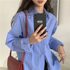 Hnewly Shirts Women Blue Striped Loose Harajuku Long Sleeve Casual Spring Tops Students All-match Fashion Simple Korean Ulzzang Chic BF