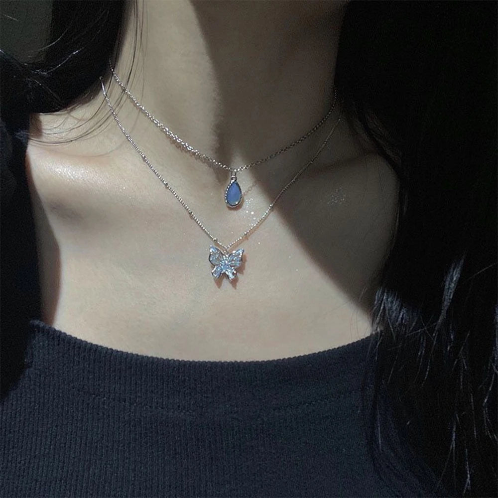 Hnewly Simple Double Layer Star Moon Charm  Multilayered Necklace Delicate Clavicle Chain Zircon For Women Fashion Jewelry