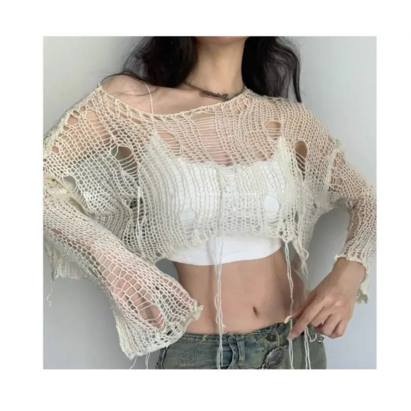 Hnewly Y2K White Women's Sweater Hollow Out Knitwear Cropped Pullovers Spring Short Networks Jumper Vintage