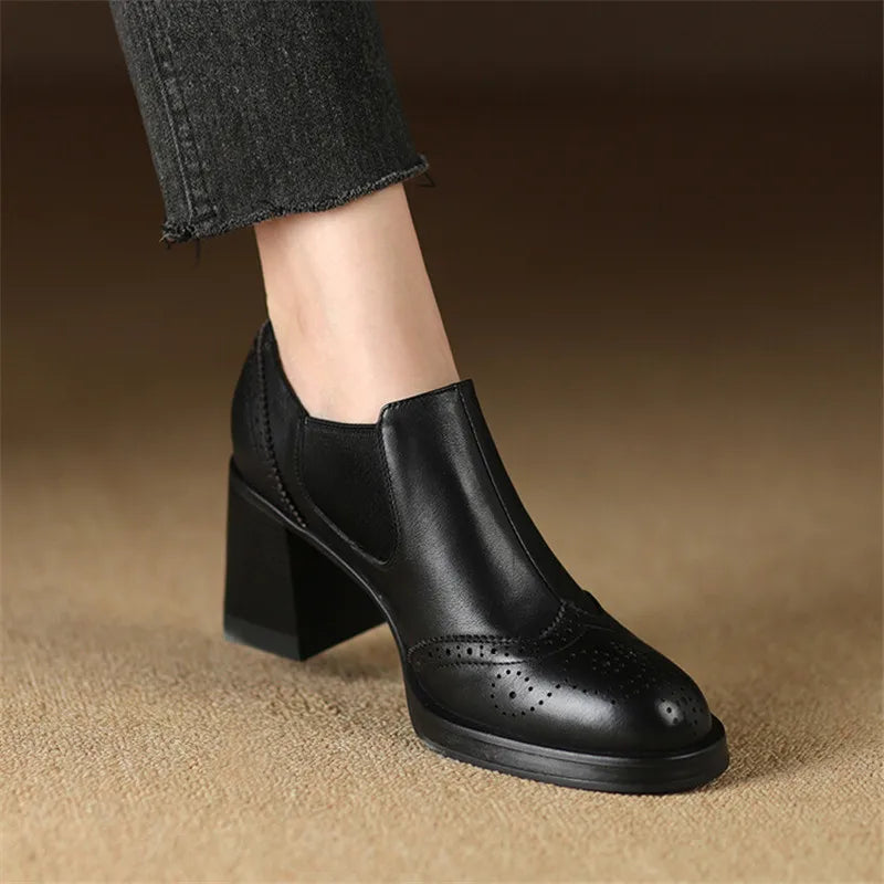 Hnewly New Spring Genuine Leather Women Shoes Round Toe Women Pumps Brogue Designs Shoes for Women High Heel Loafers Ladies Shoes