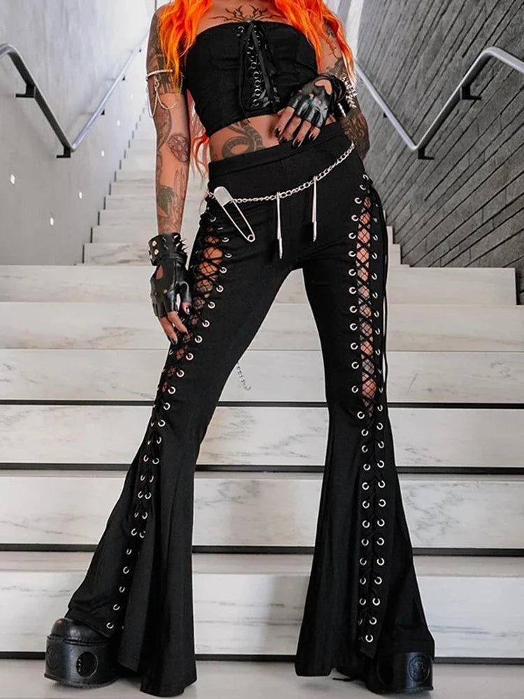 Hnewly leather pants outfits winter Women's Gothic Pants Spring New Dark Wind Street Fashion Trend Cock-eye Tie Design Flared Pants Women