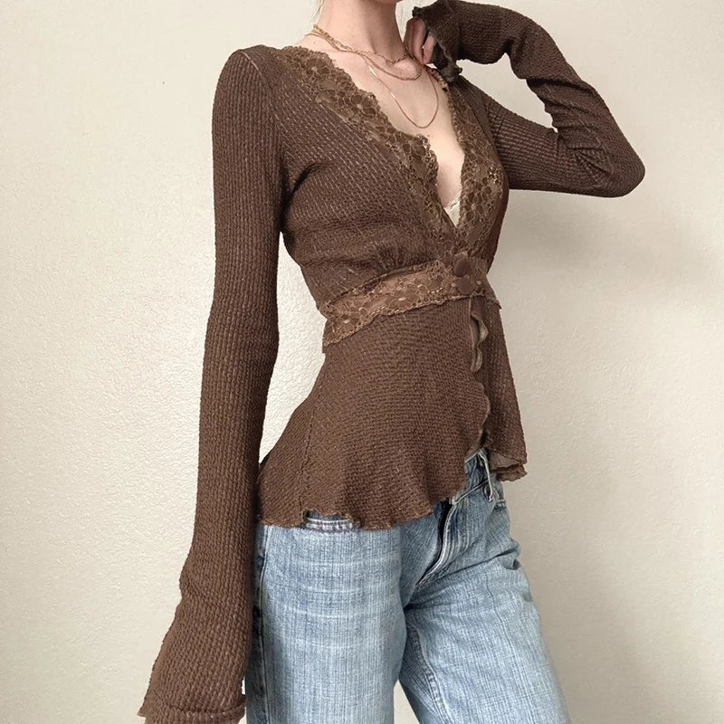 Hnewly Fairycore Lace Patchwork Deep V-neck Top Brown Sexy Button-up Cardigan Chic Elegant Flared Long Sleeve T-shirts Y2K