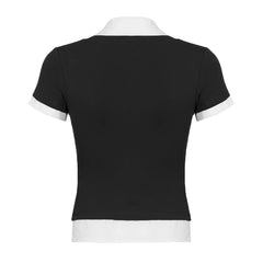 Hnewly Preppy Style Fake Two-piece Cropped Top Chic Patchwork Turn Down Neck Short Sleeve T-shirt y2k Harajuku Women Black Shirt