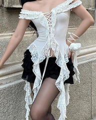 Sexy Patchwork Lace Ruffles T Shirt Slim Bandage Slash Neck Short Sleeve Tees Women 2024 Summer Fashion Streetwear Lady