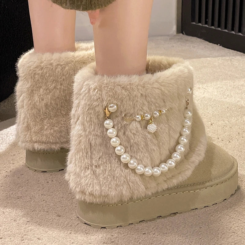 Hnewly Winter New String Bead Plush Women's Boots Warm Stylish Thick Platform Slip On Boots Faux Fur Plus Size 43 Ankle Botas Shoes