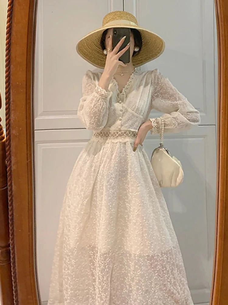 Hnewly Summer Elegant Lace Fairy Dresses Women Embroidery Mesh Sweet Party Long Dress Female Elegant Korean Lolita Princess Dress