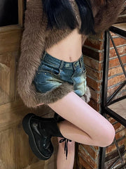 Hnewly Fur Feather Patchwork Denim Shorts Women Sexy High Street Jean  Female Tassel Hem Irregular Short Jeans Y2k