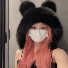 Hnewly Women Winter Warm Kawaii Fox Fur Imitation Mink Plush Hat Thickened Cute Bear Ear Japanese Bomber Hat Ear Protection Cosplay Cap