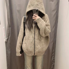 Hnewly Zipper Hooded Knitted Cardigan Women Harajuku Vintage Knitwear Preppy Style Solid Casual Warm Sweaters Coat Oversize