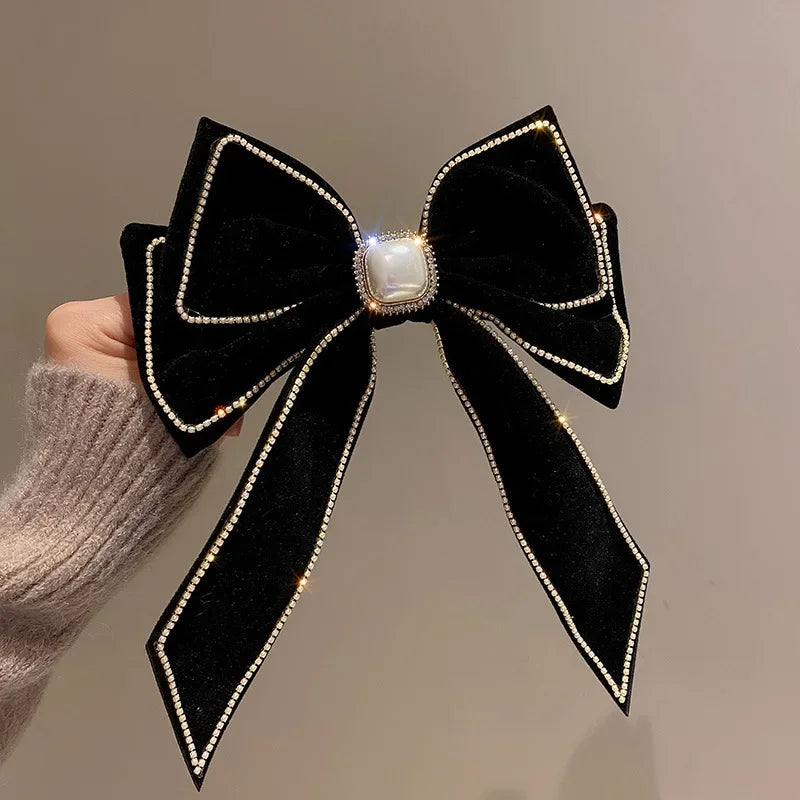 Hnewly Big Velvet Bowknot Inlaid Rhinestones Imitation Pearl Hair Clips for Women Girls Vintage Soft Hairgrip Autumn Winter Accessories