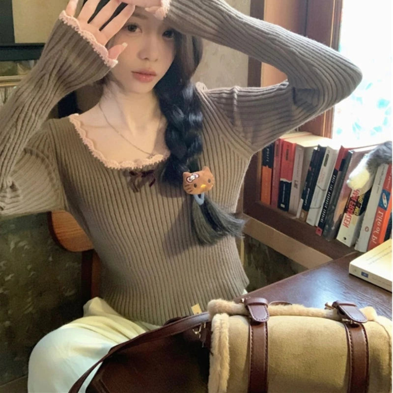 Hnewly Elegant Sweet Sweaters Women Lace Bow Kawaii Knitted Pullovers Korean Style Long Sleeve Cute Fashion Aesthetics Jumpers