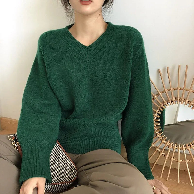 Hnewly New Autumn and Winter Fashion Lazy Style Retro Japanese V-neck Loose Versatile Slim and Fashionable Long Sleeve Women's Sweater