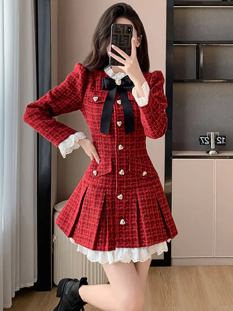 Hnewly French Light Luxury Tweed Pleated Dress Korean Sweet Long Sleeve Heart-shaped Buckle Ruffle Chic Office Ladies Vintage Dresses