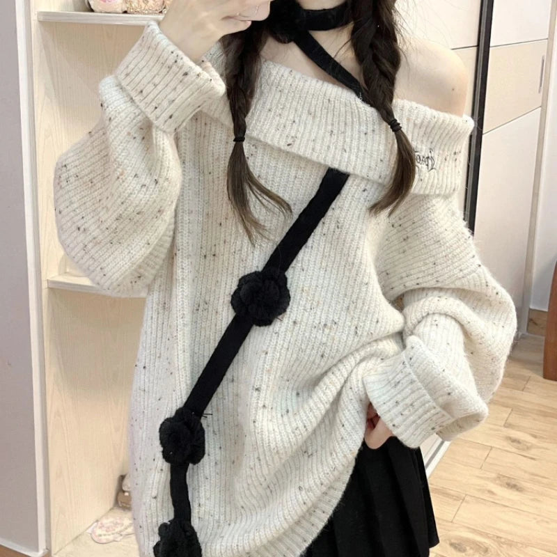 Hnewly Korean Style Sweet Sweaters Women Sexy Off Shoulder Knitted Pullover Elegant Kawaii Autumn Winter Long Sleeve Sweaters