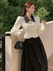 Hnewly DRESS TO IMPRESS Spring Elegant Two Piece Set Women Casual Slim Korean Coat + Black Pleated Gothic Vintage Midi Skirt Office Lady Skirt Sets