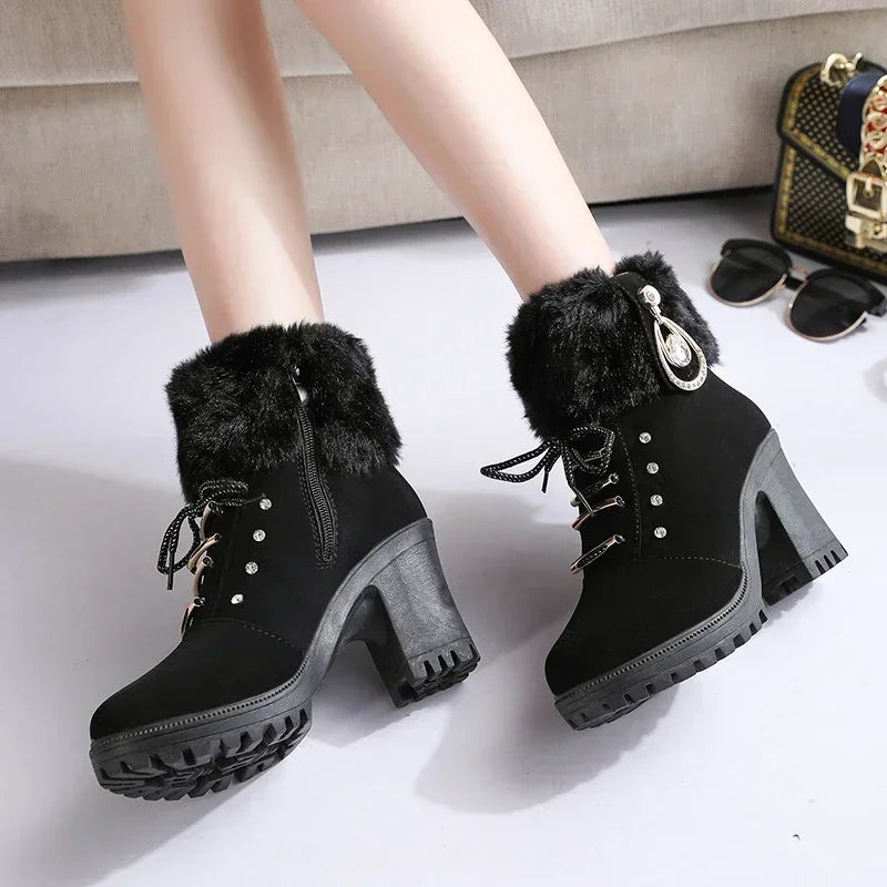 Hnewly Women Boots Winter Designer High Heels Shoes for Women New Short Plush High Platform Ankle Boots Elegant Botas Mujer