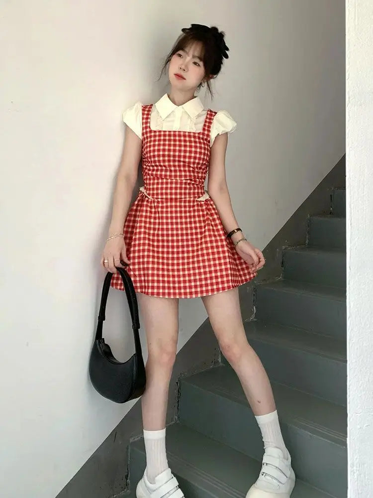 Hnewly Y2k Coquette Kawaii Cute Plaid Shirt Dress Women Preppy Style Sweet Girls Short Party Dresses 2024 Summer Fashion