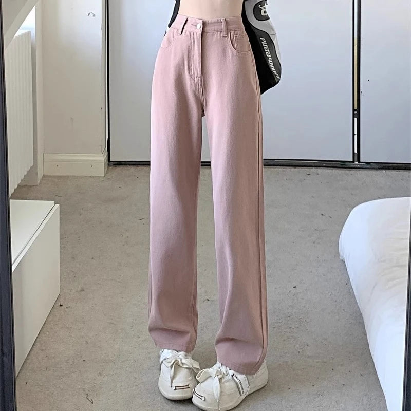 Hnewly Woman Vintage Wide Leg Jeans Girls High Waist Pants Female Fashion Black Black Grey Retro Blue Light Blue Pink Denim Trousers