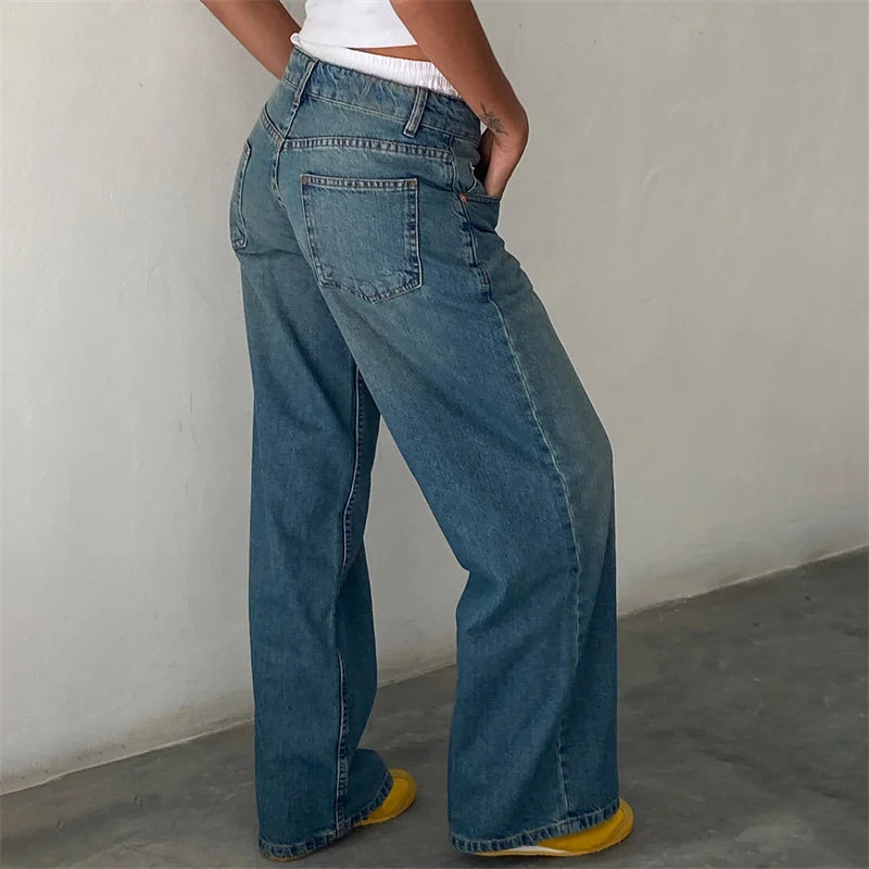 Hnewly y2k Jeans Women Clothes Fashion Solid Color Low Waist Waist Wide Leg Denim Pants Trousers with Pockets 2000s Streetwear