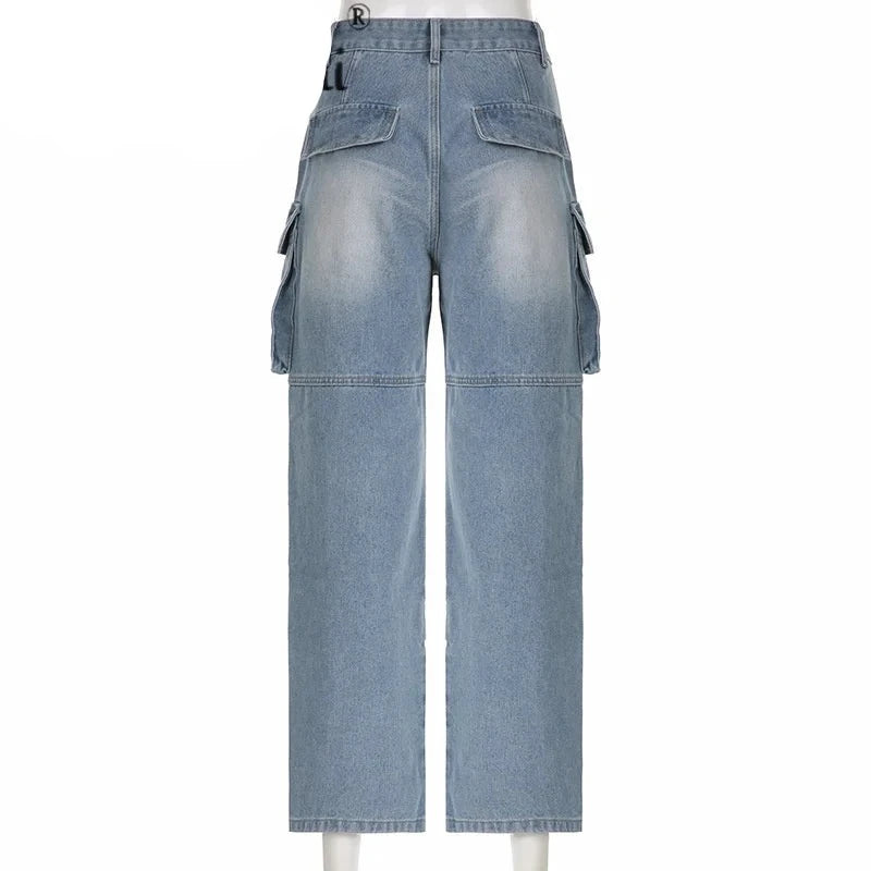 Hnewly Fashion High Waist Multiple Pockets Splicing Straight Jeans Women Work Style Casual Denim Pants Female Loose Three-part Trousers