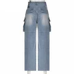 Hnewly Fashion High Waist Multiple Pockets Splicing Straight Jeans Women Work Style Casual Denim Pants Female Loose Three-part Trousers