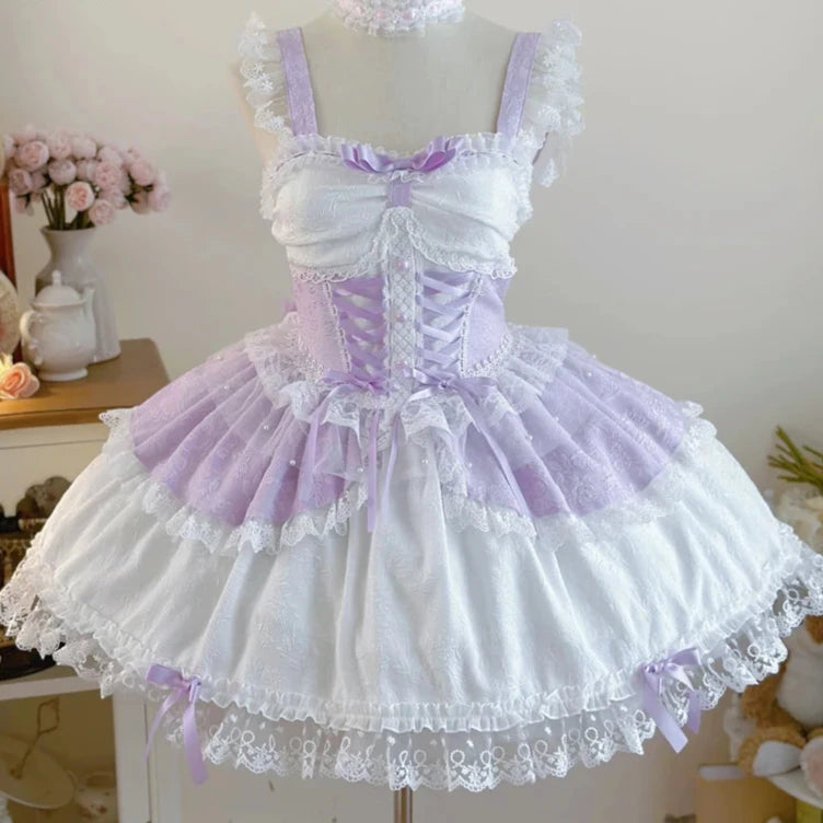 Hnewly Japanese Sweet Lolita Jsk Dress Women Elegant Ruffles Lace Bandage Princess Strap Dresses Girls Y2k Kawaii Tea Party Mini Dress