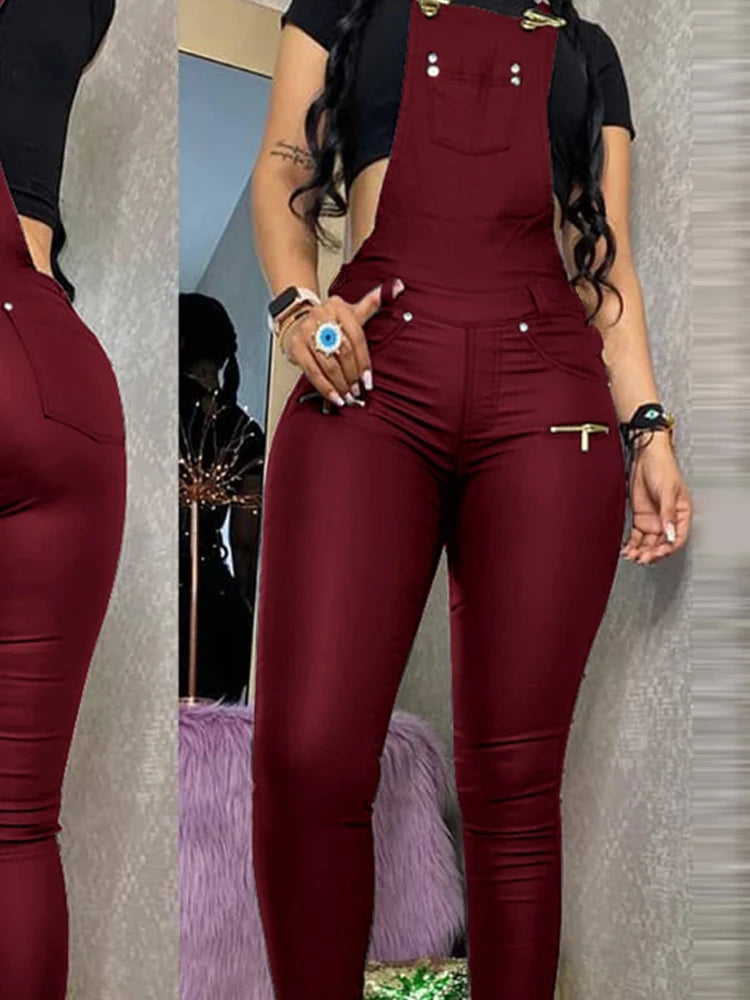 Hnewly Women One Piece Outfits PU Jumpsuits Buckled Zipper Design Suspender Jumpsuit