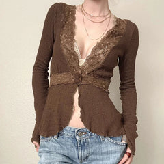 Hnewly Fairycore Lace Patchwork Deep V-neck Top Brown Sexy Button-up Cardigan Chic Elegant Flared Long Sleeve T-shirts Y2K