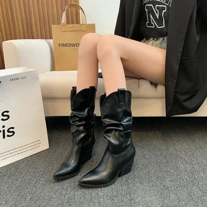 Hnewly Female Western Boots Cowboy Boots Women Plested Women Ankle  Pu Leather Shoes Autumn Boots Women Booties Lady Plus Size 42