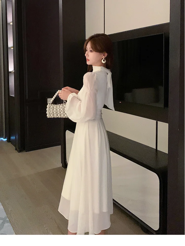 Hnewly DRESS TO IMPRESS Spring Turtleneck White Midi Dress Women Long Sleeve French Elegant Temperament One Piece Dress Evening Party Prom Robe Female