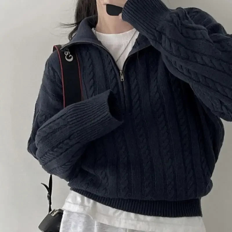 Hnewly Korean Fashion Half Zipper Sweaters Women Vintage Twisted Knitted Crop Pullover Casual Sueter Mujer Long Sleeve Tops