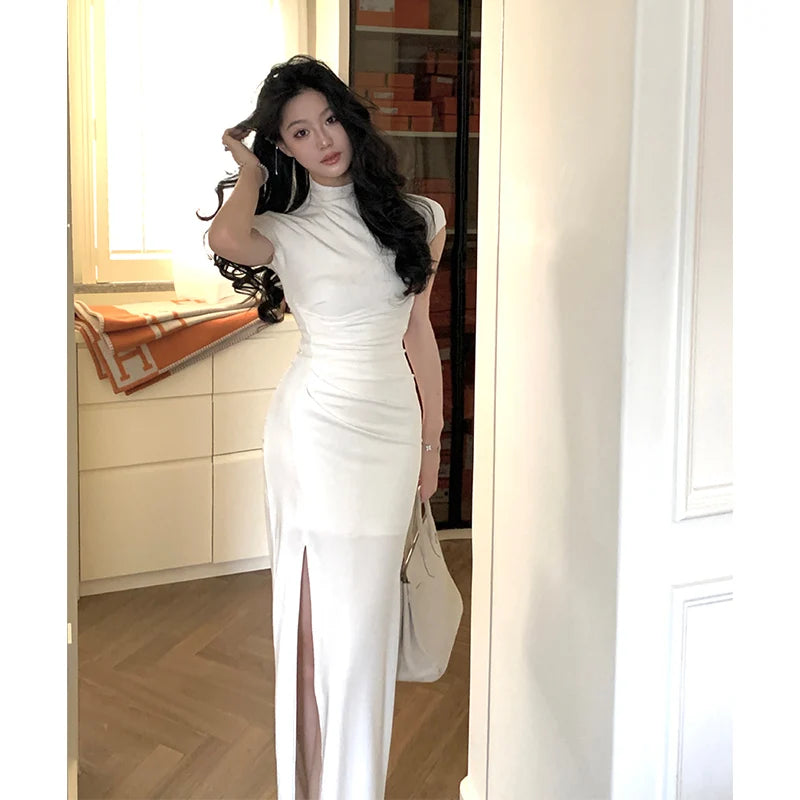 Hnewly Women's Elegant Summer 2024 Pleated Fashion Sexy Slim Long Dress Short Sleeve Party Prom Elegant Black Dresses Female Clothes