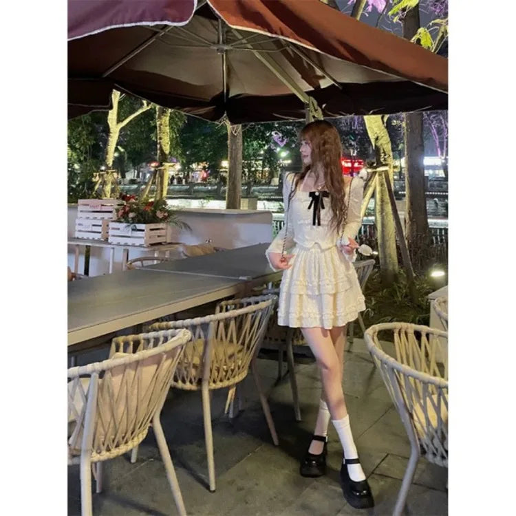 Hnewly DRESS TO IMPRESS Spring Summer New Two Piece Sets Elegant Velvet Lace Square Collar Slim Fit Tops Women+ Y2k High Waist Ruched A-line Skirts